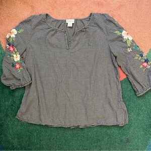 Liz Claiborne Peasant Top XL Embroidered Flowers Tunic Ruffle Hem 100% Cotton